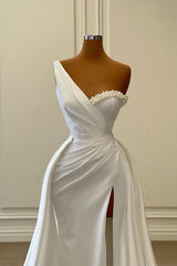 Charming White Long Mermaid One Shoulder Satin Beading Corset Formal Corset Prom Dresses outfit, Party Dress Mid Length
