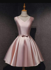 Cute Short Satin Pink V-neckline Knee Length Party Dress, Pink Corset Prom Dress Corset Homecoming Dress outfit, Bridesmaids Dresses Black