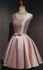 Cute Short Satin Pink V-neckline Knee Length Party Dress, Pink Corset Prom Dress Corset Homecoming Dress outfit, Bridesmaid Dress Black