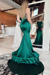 Dark Green Spaghetti Straps Satin Mermaid Corset Prom Dress outfits, Dark Green Spaghetti Straps Satin Mermaid Prom Dress