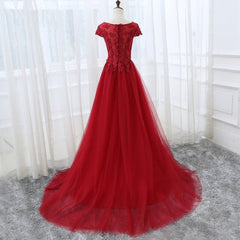 Elegant Cap Sleeve Lace Applique Tulle Party Dress, Corset Prom Gowns outfits, Prom Dresses With Slit