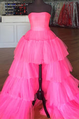 Elegant Strapless Layered Hot Pink Long Corset Prom Dress with Slit Corset Formal Gown outfit, Wedding Photo Ideas