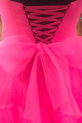 Elegant Strapless Layered Hot Pink Long Corset Prom Dress with Slit Corset Formal Gown outfit, Wedding Inspo