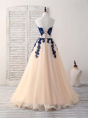 Elegant Sweetheart Tulle Lace Applique Blue Long Corset Prom Dresses outfit, Party Dress Cheap