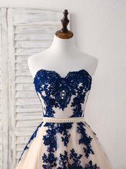 Elegant Sweetheart Tulle Lace Applique Blue Long Corset Prom Dresses outfit, Party Dress Online