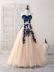 Elegant Sweetheart Tulle Lace Applique Blue Long Corset Prom Dresses outfit, Party Dresses In Store