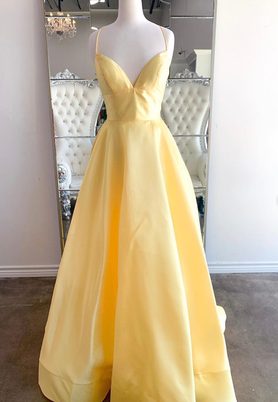 Yellow Satin Long Corset Prom Dresses, A-Line Backless Evening Dresses outfit, Stylish Outfit
