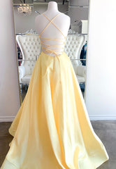 Yellow Satin Long Corset Prom Dresses, A-Line Backless Evening Dresses outfit, Party Dress Ideas For Curvy Figure