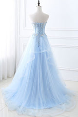 Fashion Sweetheart Long Tulle Sky Blue Corset Prom Party Gowns with Sequins Gowns, Bridesmaids Dresses For Beach Weddings
