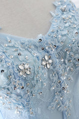 Fashion Sweetheart Long Tulle Sky Blue Corset Prom Party Gowns with Sequins Gowns, Bridesmaid Dresses For Beach Wedding