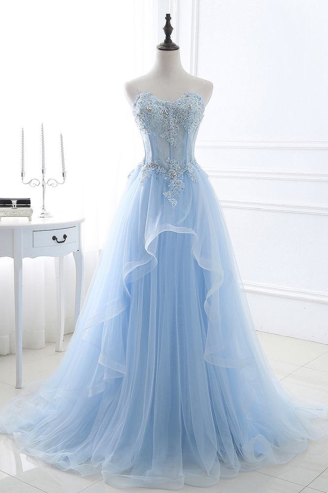Fashion Sweetheart Long Tulle Sky Blue Corset Prom Party Gowns with Sequins Gowns, Bridesmaid Dress For Beach Wedding
