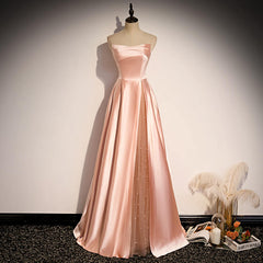 Glamorous Strapless Pink Satin Long Party Dress Corset Formal Corset Prom Dresses outfit, Bridesmaids Dresses Pink