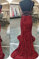 Glittery Mermaid Red Sequin V-Neck Lace-Up Back Corset Prom Dress Gala Gown outfit, Bridesmaid Dress Tulle