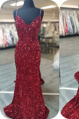 Glittery Mermaid Red Sequin V-Neck Lace-Up Back Corset Prom Dress Gala Gown outfit, Bridesmaid Dresses Tulle