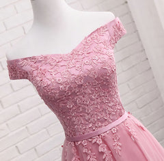 Gorgeous Pink A Line Lace Off Shoulder Corset Prom Dress,Cheap evening dresses,Sexy Corset Formal Dress outfit, Prom Dressed A Line
