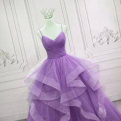 Gorgeous Purple Straps Layers Tulle V-neckline Long Evening Dress, Light Purple Corset Prom Dresses outfit, Prom Dresses Sleeve
