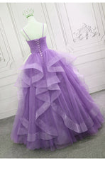 Gorgeous Purple Straps Layers Tulle V-neckline Long Evening Dress, Light Purple Corset Prom Dresses outfit, Prom Dress Sleeves