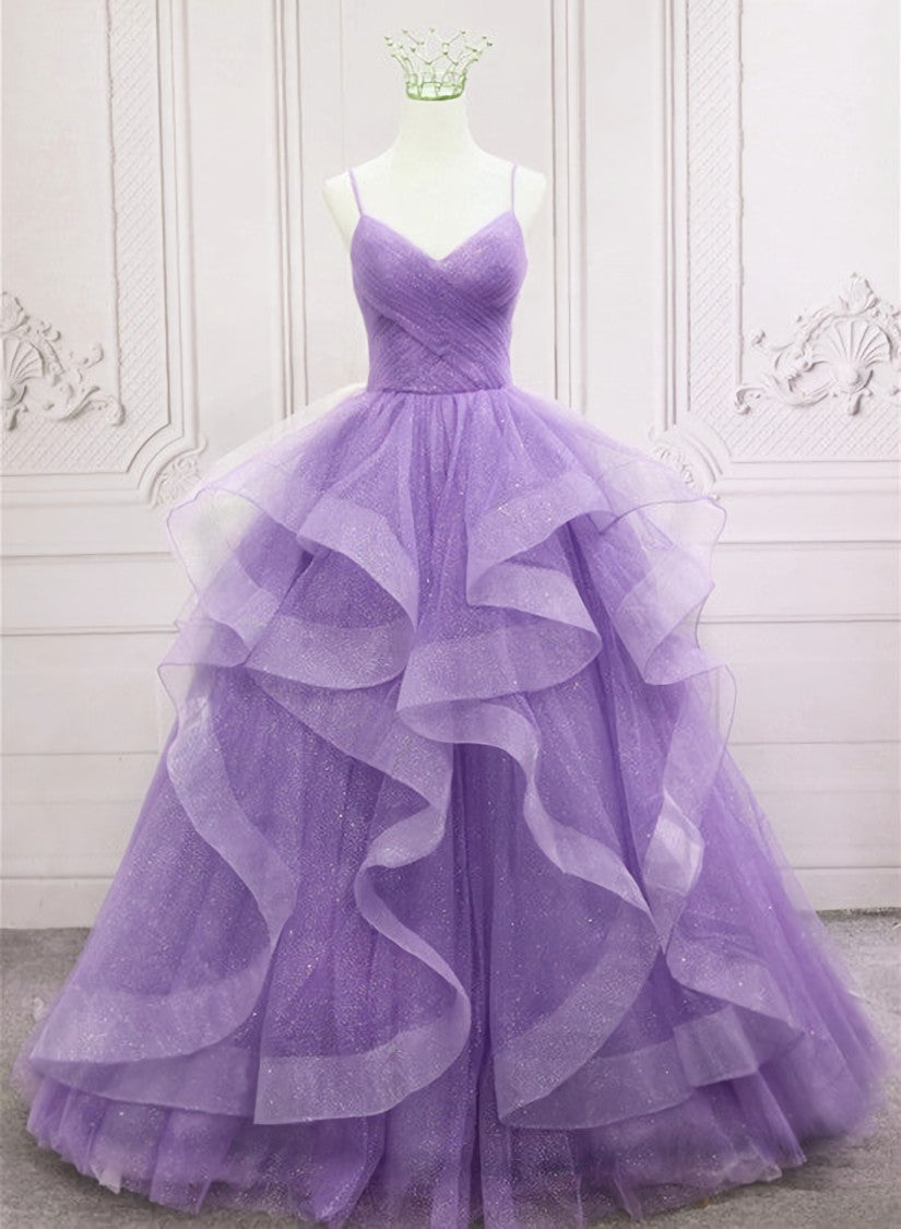 Gorgeous Purple Straps Layers Tulle V-neckline Long Evening Dress, Light Purple Corset Prom Dresses outfit, Prom Dresses Sleeves