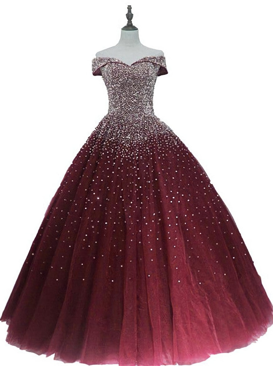 Gorgeous Sparkle Burgundy Off Shoulder Sweet 16 Gown, Burgundy Corset Prom Dress outfits, Formal Dresses Elegant Classy