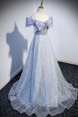 Gray Tulle Beaded Long Corset Prom Dress, Off the Shoulder Evening Dress with Bow outfit, Party Dresses Summer