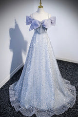 Gray Tulle Beaded Long Corset Prom Dress, Off the Shoulder Evening Dress with Bow outfit, Party Dresses Cocktail