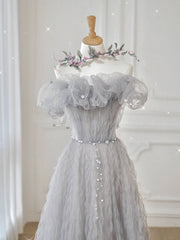 Gray tulle off shoulder long Corset Prom dress, gray tulle Corset Formal dress outfit, Prom Dresses Shops