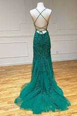 Green Lace Mermaid Backless Spaghetti Straps Corset Prom Dresses, Evening Gown,maxi dresses outfit, Prom Dress 2026