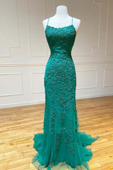 Green Lace Mermaid Backless Spaghetti Straps Corset Prom Dresses, Evening Gown,maxi dresses outfit, Prom Dresses Graduacion