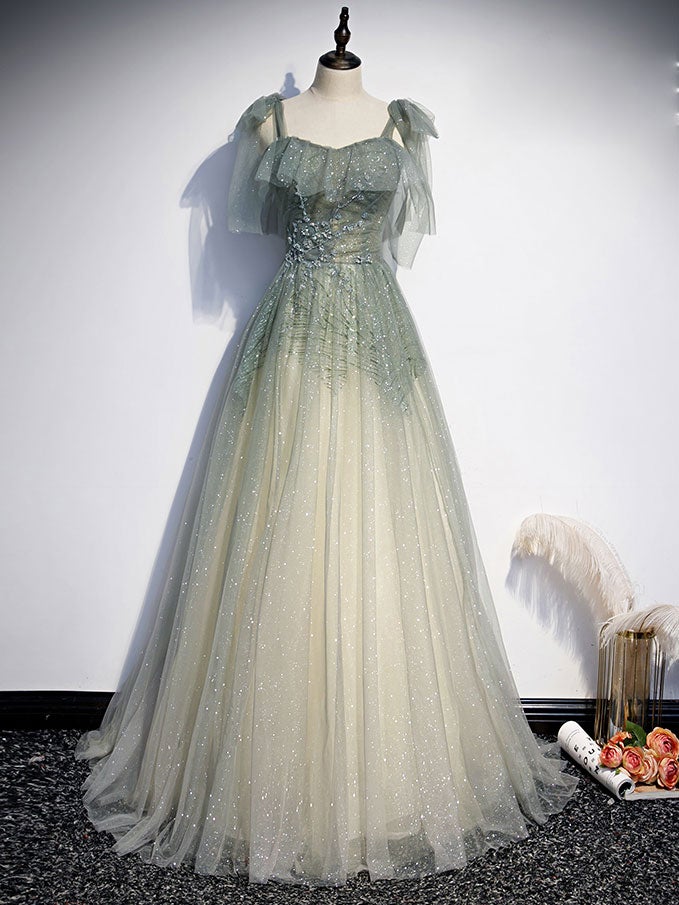 Green tulle sequin beads long Corset Prom dress, green tulle Corset Formal dress outfit, Prom Dress Designer