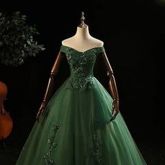 Green Tulle with Lace Applique Long Corset Prom Dress, Green Sweet 16 Dresses outfit, Homecoming Dresses Sweetheart