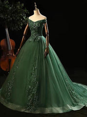 Green Tulle with Lace Applique Long Corset Prom Dress, Green Sweet 16 Dresses outfit, Homecoming Dress Sweetheart