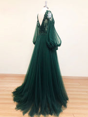 Green V Neck Lace A line Long Corset Prom Dress,Tulle Evening Dresses Long Sleeve Gowns, Party Dress Ladies