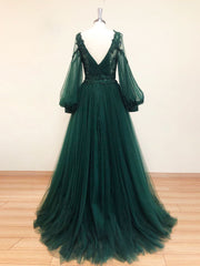 Green V Neck Lace A line Long Corset Prom Dress,Tulle Evening Dresses Long Sleeve Gowns, Party Dress For Teens