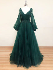 Green V Neck Lace A line Long Corset Prom Dress,Tulle Evening Dresses Long Sleeve Gowns, Party Dress Lady