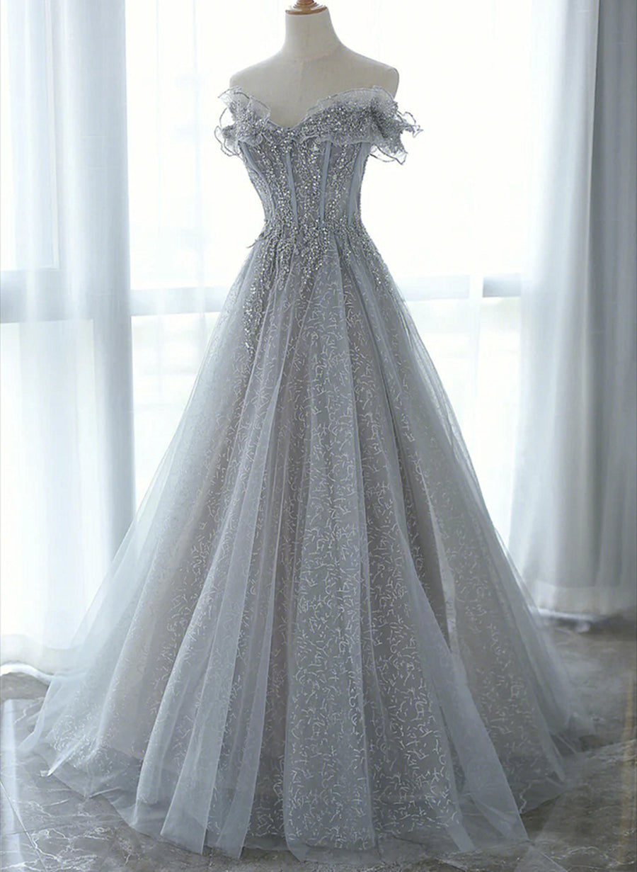 Grey Tulle Sweetheart Party Dress, A-Line Tulle Floor Length Corset Prom Dress Evening Dress outfit, Party Dresses Black