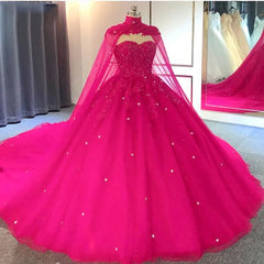 Hot Pink Detachable Cape Quinceanera Sweet 16 Corset Ball Gown Corset Prom Dress outfits, Bridesmaids Dress Long