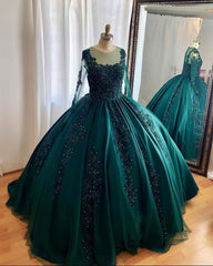 Hunter Green Corset Ball Gown Corset Prom Dresses Long Sleeves Gowns, Bridesmaids Dresses Long