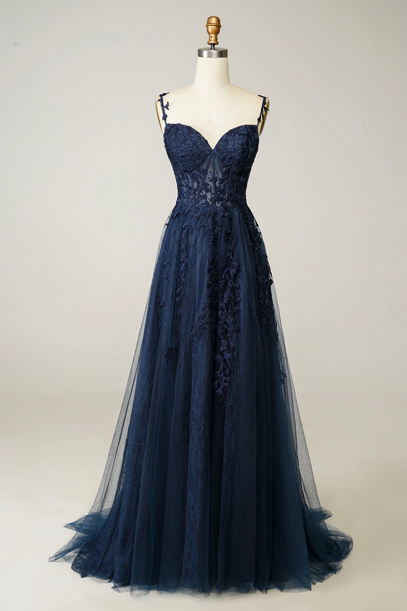 Navy Tulle and Lace Long Corset Prom Dress, Lovely Spaghetti Strap Evening Dress outfit, Bridesmaid Dresses With Sleeves