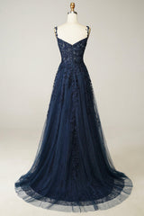 Navy Tulle and Lace Long Corset Prom Dress, Lovely Spaghetti Strap Evening Dress outfit, Bridesmaid Dress Shops