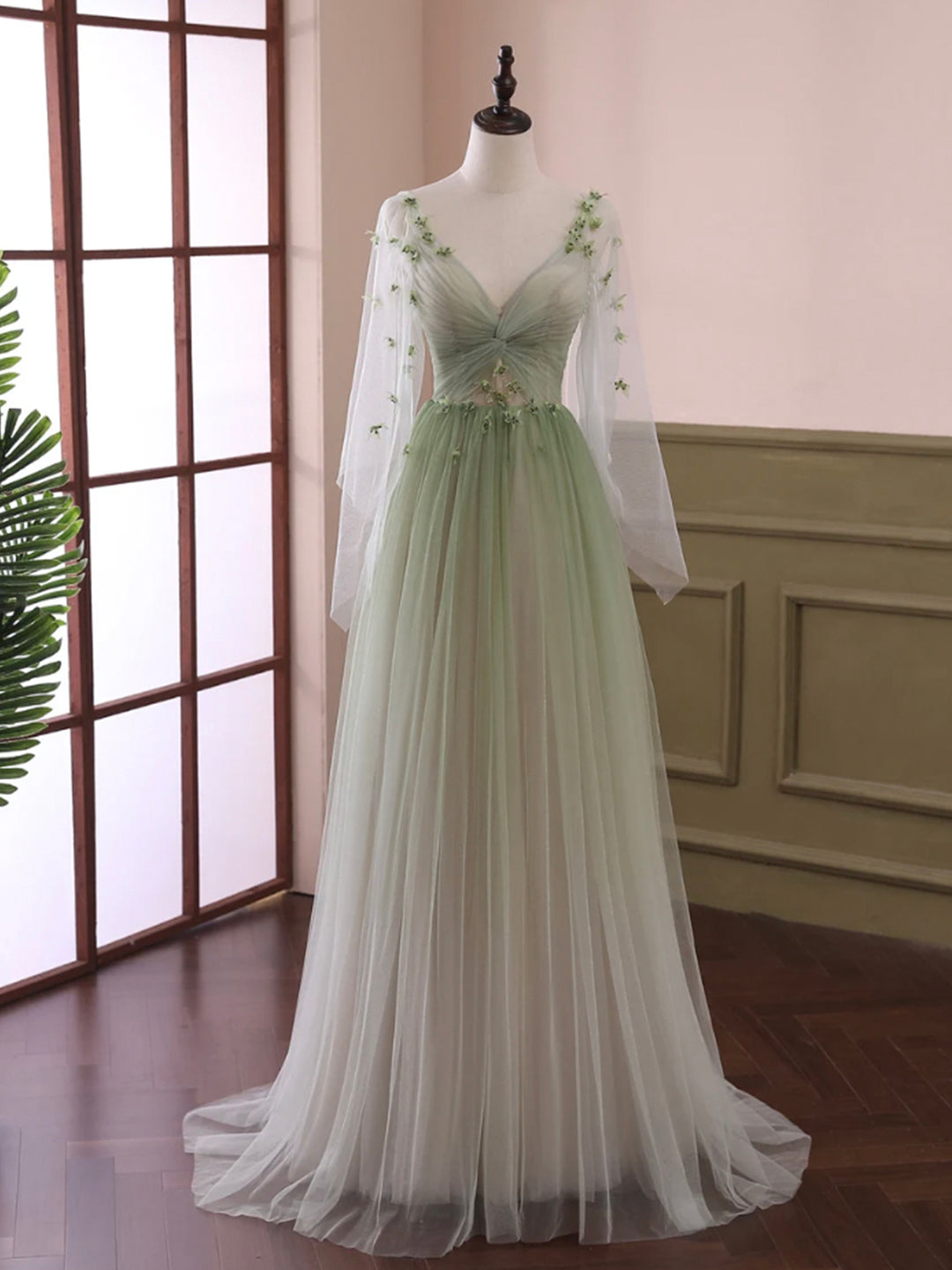 Light Green Tulle Long Sleeve Corset Prom Dress, Green Gradient Floor Length Evening Dress outfit, Purple Prom Dress