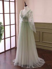 Light Green Tulle Long Sleeve Corset Prom Dress, Green Gradient Floor Length Evening Dress outfit, Homecoming Dress