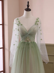 Light Green Tulle Long Sleeve Corset Prom Dress, Green Gradient Floor Length Evening Dress outfit, Satin Dress