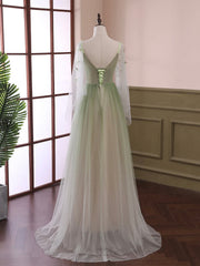 Light Green Tulle Long Sleeve Corset Prom Dress, Green Gradient Floor Length Evening Dress outfit, Wedding Guest Outfit