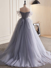 Gray Tulle Long A-Line Corset Prom Dress, Off Shoulder Evening Dress Party Dress Outfits, Prom Dresses Prom Dresses