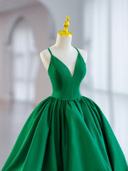 Green V-Neck Satin Short Corset Prom Dress, A-Line Green Evening Dress outfit, Prom Dresses Dark Blue
