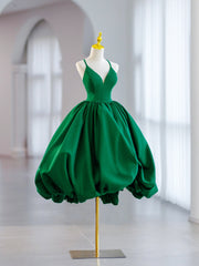 Green V-Neck Satin Short Corset Prom Dress, A-Line Green Evening Dress outfit, Prom Dresses 2044 Black