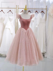 Pink Velvet Tulle Short Corset Prom Dress, Lovely A-Line Corset Homecoming Party Dress Outfits, Bridesmaid Dress Peach