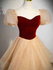 Cute Velvet Tulle Long Corset Prom Dress, A-Line Short Sleeve Corset Formal Dress outfit, Prom Dresses 2023
