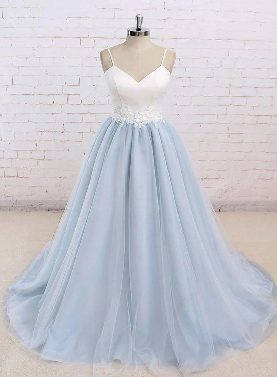 Light Blue Tulle and White Top Long Corset Wedding Party Gowns, Straps Junior Corset Prom Dress outfits, Wedding Dress Lace Simple