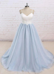 Light Blue Tulle and White Top Long Corset Wedding Party Gowns, Straps Junior Corset Prom Dress outfits, Wedding Dress Lace Simple